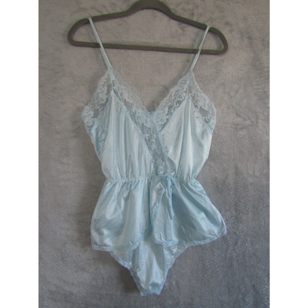 JCPenney Baby Blue Lace Teddy Bodysuit Women's M Satin Sleepwear Vintage 80s‎